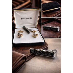 Pierre Cardin Mens Two Tone Knot Cufflinks and Silver Tie Clip Set with Box